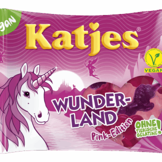 Katjes Wunderland Pink Edition vegane Gummibärchen ohne tierische Gelatine in pinkfarbener Verpackung mit Einhorn-Motiv und Vegan-Siegel, Produktansicht von vorne.