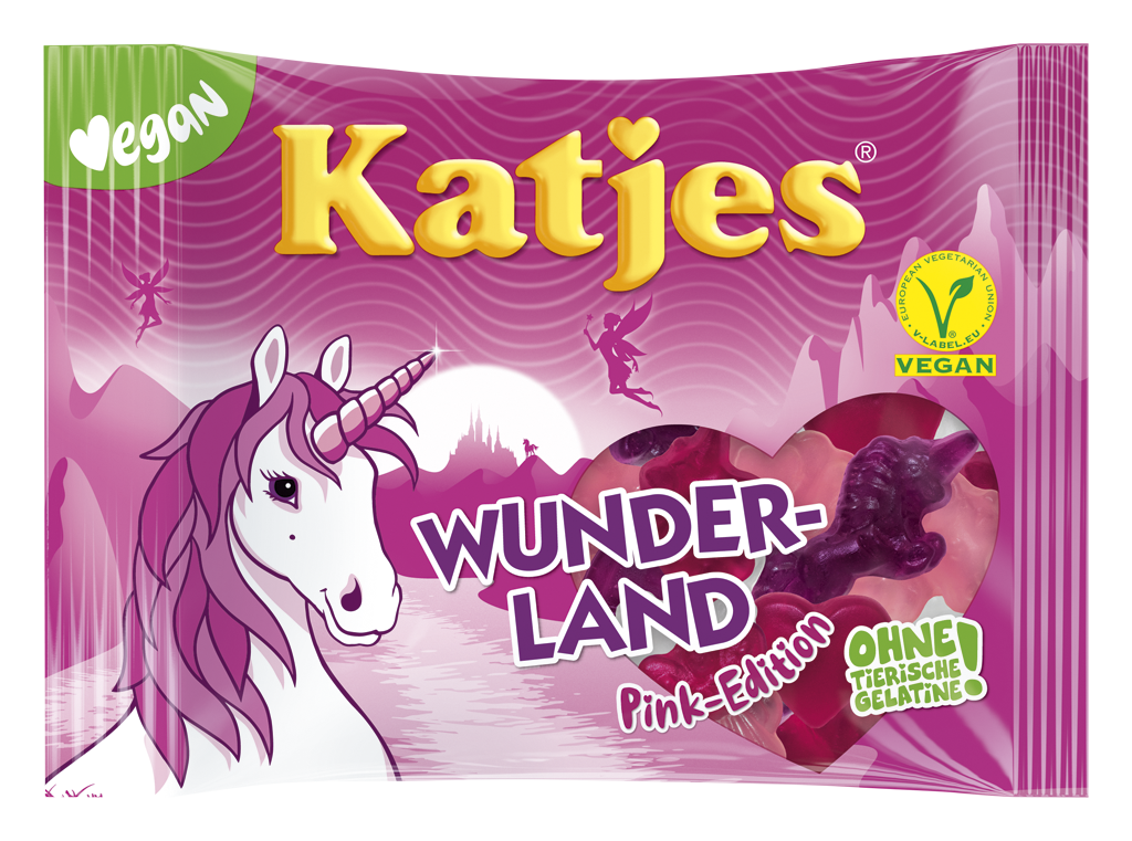 Katjes Wunderland Pink Edition vegane Gummibärchen ohne tierische Gelatine in pinkfarbener Verpackung mit Einhorn-Motiv und Vegan-Siegel, Produktansicht von vorne.