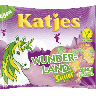 Katjes Wunderland Sauer vegane Fruchtgummis ohne tierische Gelatine in knallbunter Verpackung mit Einhorn-Motiv, Vegan-Siegel und sichtbaren sauren Fruchtgummis im Herzfenster.