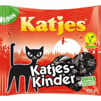Katjes-Kinder vegane Lakritz-Katzen in roter Verpackung mit schwarzer Katzenzeichnung, Herzfenster mit sichtbaren Lakritzstücken, Vegan-Siegel und Hinweis ‚ohne tierische Gelatine‘, Produktansicht von vorne.