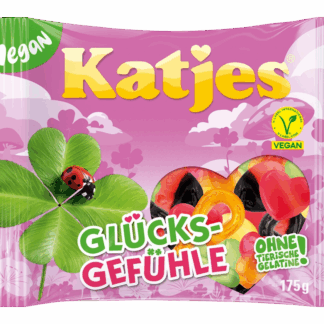 Katjes Glücksgefühle vegane Fruchtgummis in rosa Verpackung mit vierblättrigem Kleeblatt und Marienkäfer, Herzfenster mit bunten Gummibärchen, Vegan-Siegel und Hinweis ‚ohne tierische Gelatine‘, Produktansicht von vorne.