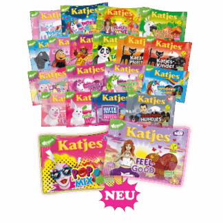 Katjes vegane Fruchtgummis, große Auswahl verschiedener Sorten in bunten Verpackungen wie Wunderland, Glücksgefühle, Katjes-Kinder, Hunde, Party, Pop Mix und Feel Good; alle Beutel auf weißem Hintergrund, mit NEU-Hinweis bei den neuen Produkten.